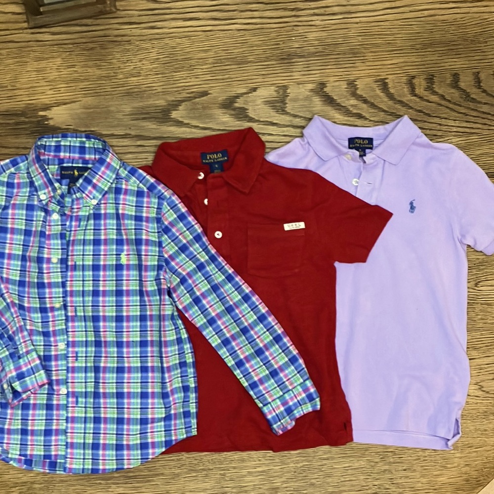 Ralph Lauren Kids (size 5) long sleeve and (2) short sleeve Polos (both size 6)